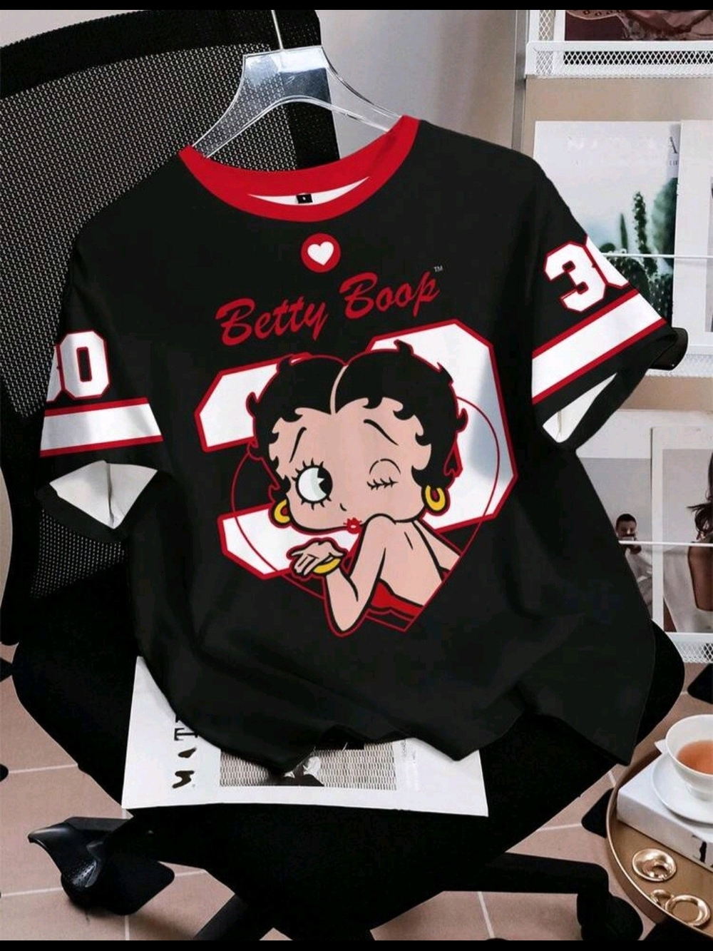 Betty Boop Black & Red Graphic Tee with Heart Motif Jersey